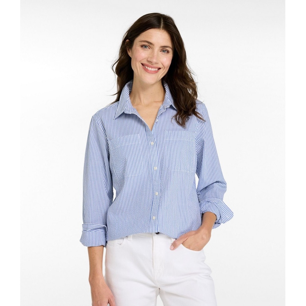 L.L.Bean Blue White Seersucker Stripe Button Down Shirt | Large Petite LP